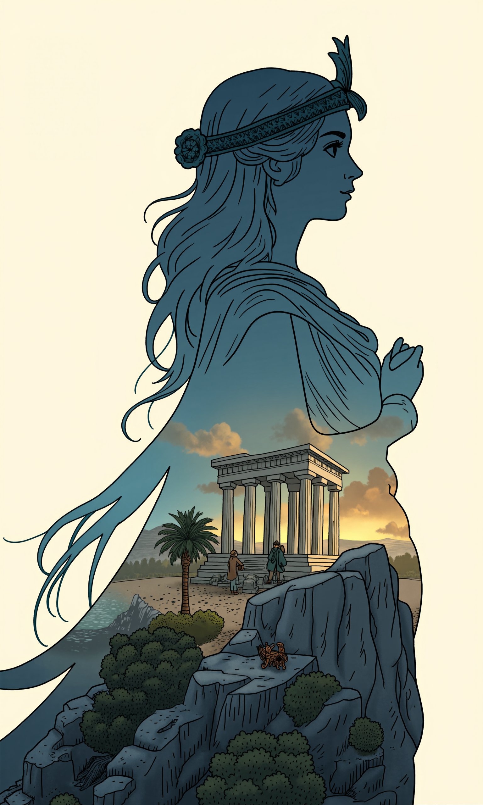 silhouette of a priestess princess filled with a greek temple scenery, double exposure, crisp lines, double exposure background, hyperdetailed, concept art