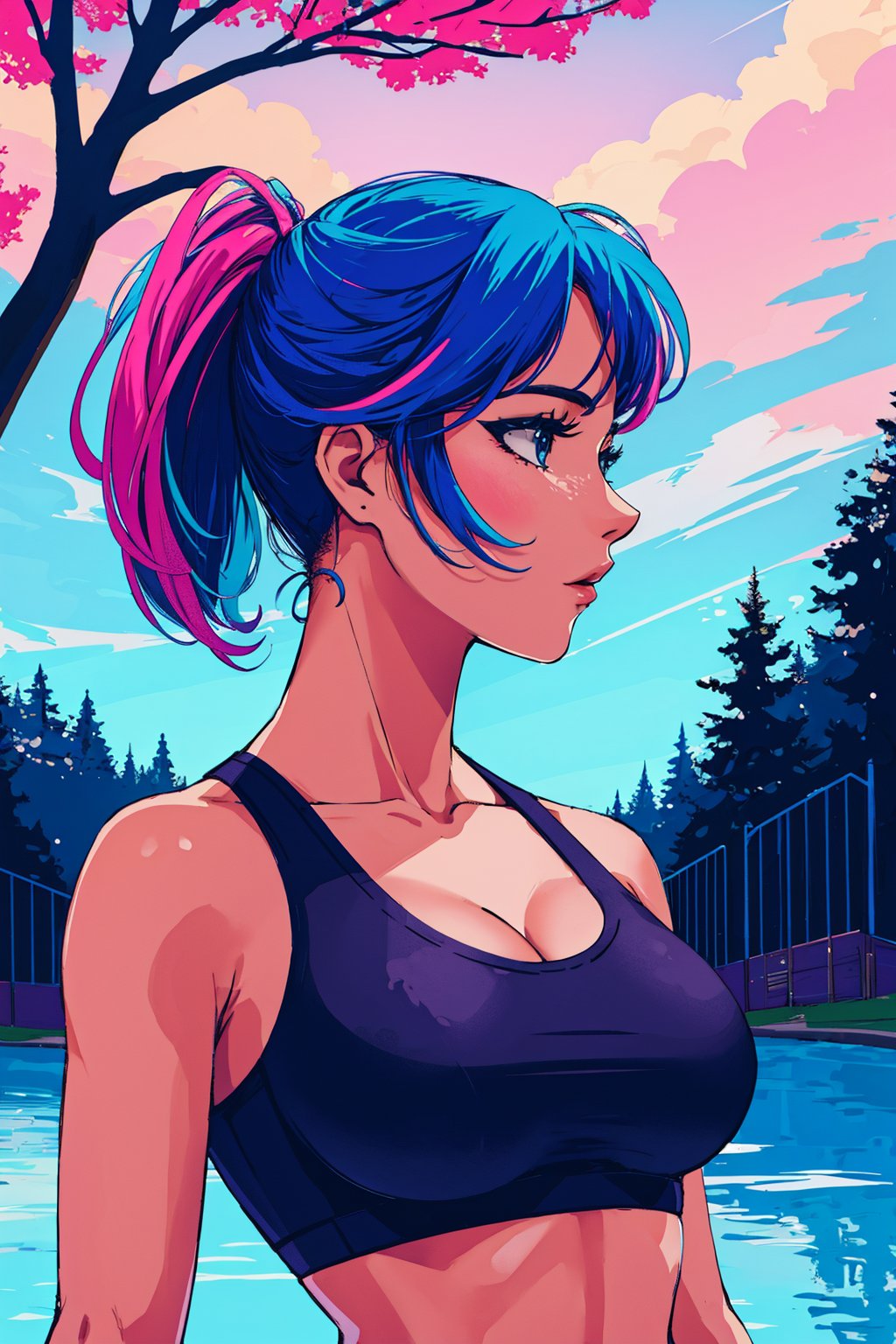 cleavage, sports bra, detailed face, colorful clothing, park, sky, trees, neon palette, <lora:neon_palette_offset:1>