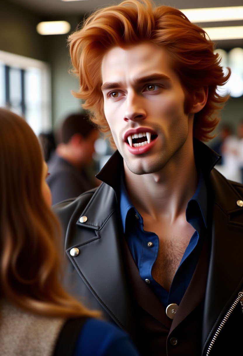 Vampyfangs1. a film still photo. 35mm. 4k. From a 2003 movie. A ginger beared ginger haired vampire man with fangs is talking to a cashier at a hot topic