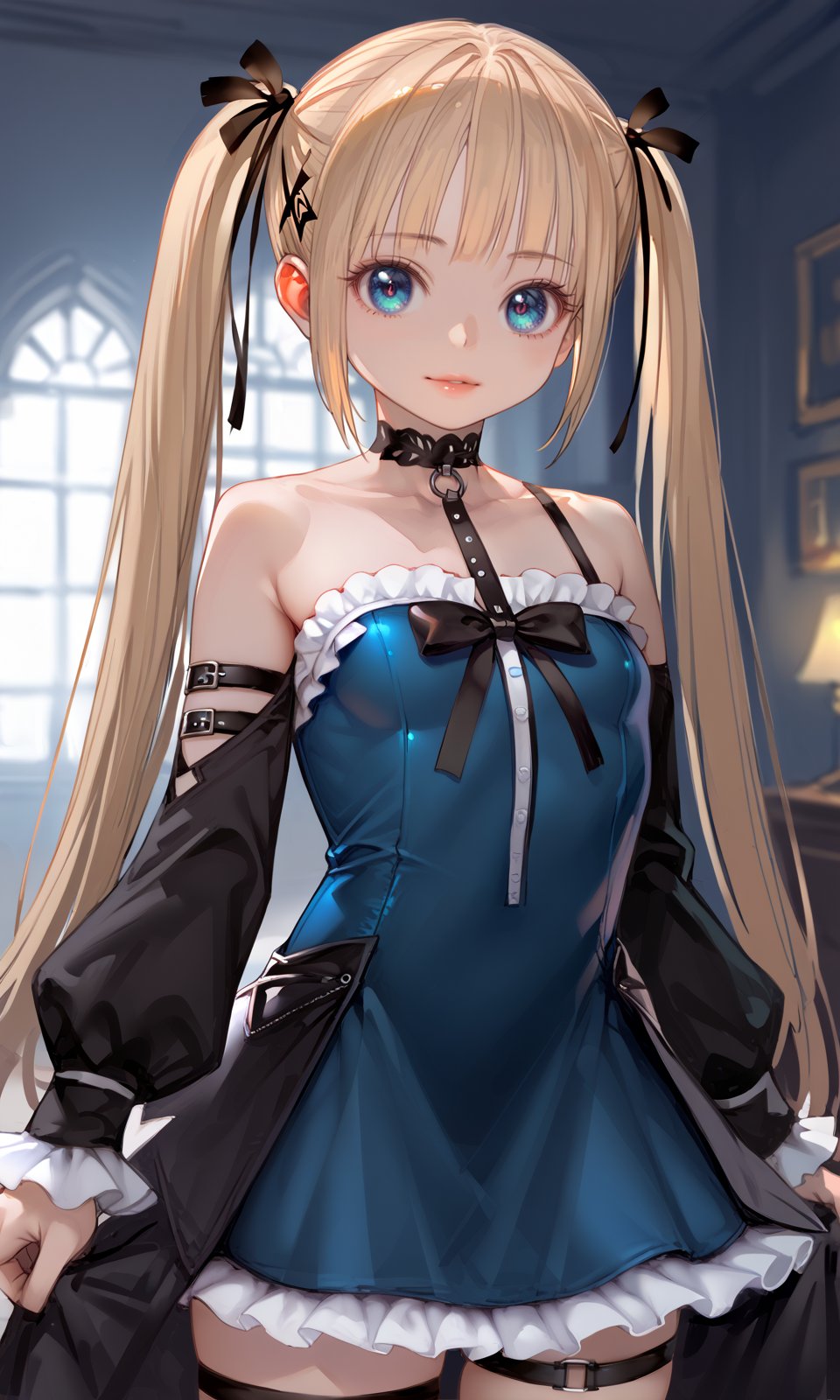 score_9, score_8_up, score_7_up, score_6_up, nyatabe, BREAK1girl, marierose, bangs, bare shoulders, big breasts, black choker, black dress, black ribbon, blonde hair, blue eyes, choker, collarbone, detached sleeves, dress, frills, hair ribbon, indoors, long hair, long sleeves, looking at viewer, solo, standing, thigh strap, twintails, very long hair, upper body, <lora:MarieRose_Pony:1> <lora:Nyatabe_Pony:1> 