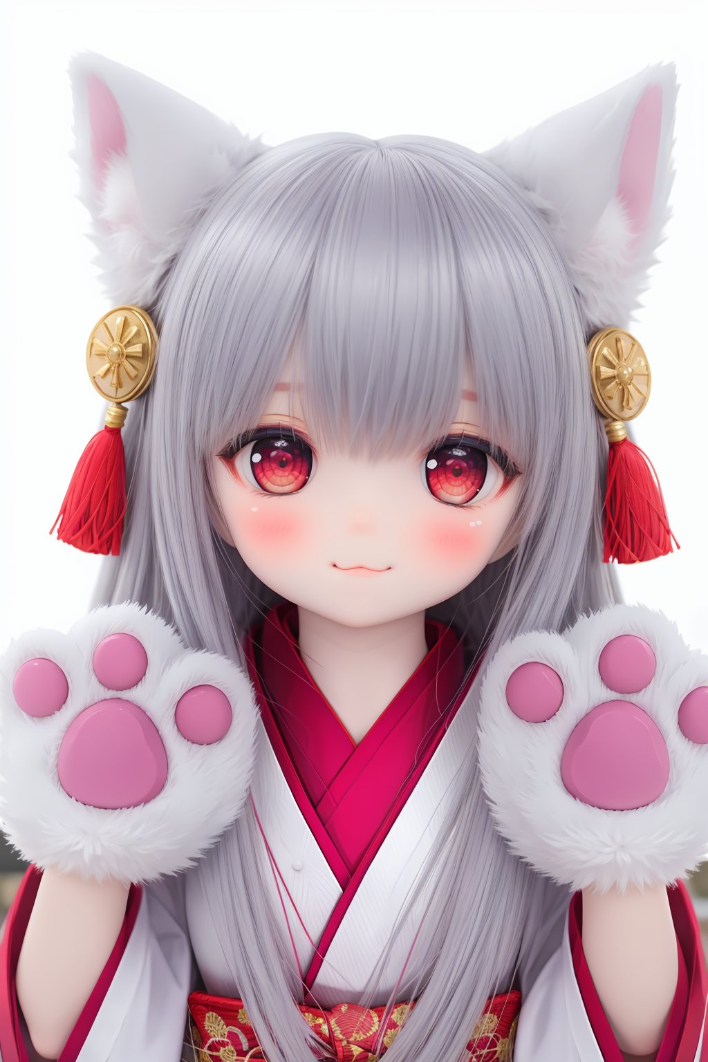 1girl, solo, animal hands, looking at viewer, red eyes, japanese clothes, blush, paw gloves, kimono, :3, gloves, long hair, closed mouth, bangs, grey hair, smile, upper body, doll, BJD, dtghdg254793, stfhgd796we2, adsderl931sq, cute