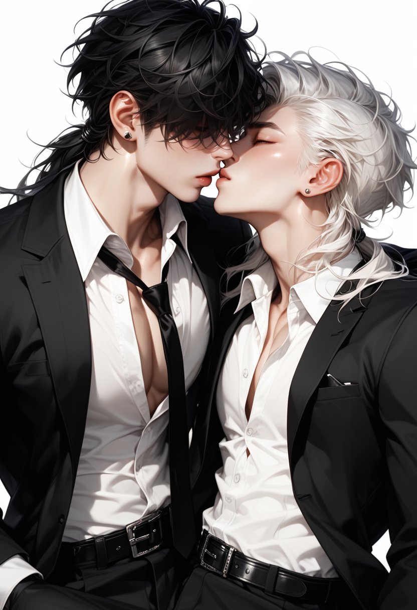 (score_9, score_8_up), score_7_up, score_6_up, black hoodie, white shirt, button up, necktie, white background, black and white, monochrome, hair over eyes, 2boys, yaoi, male focus, bishounen, beautiful boy, long hair, white hair, belt, white hair, black hair, looking up, kissing neck,