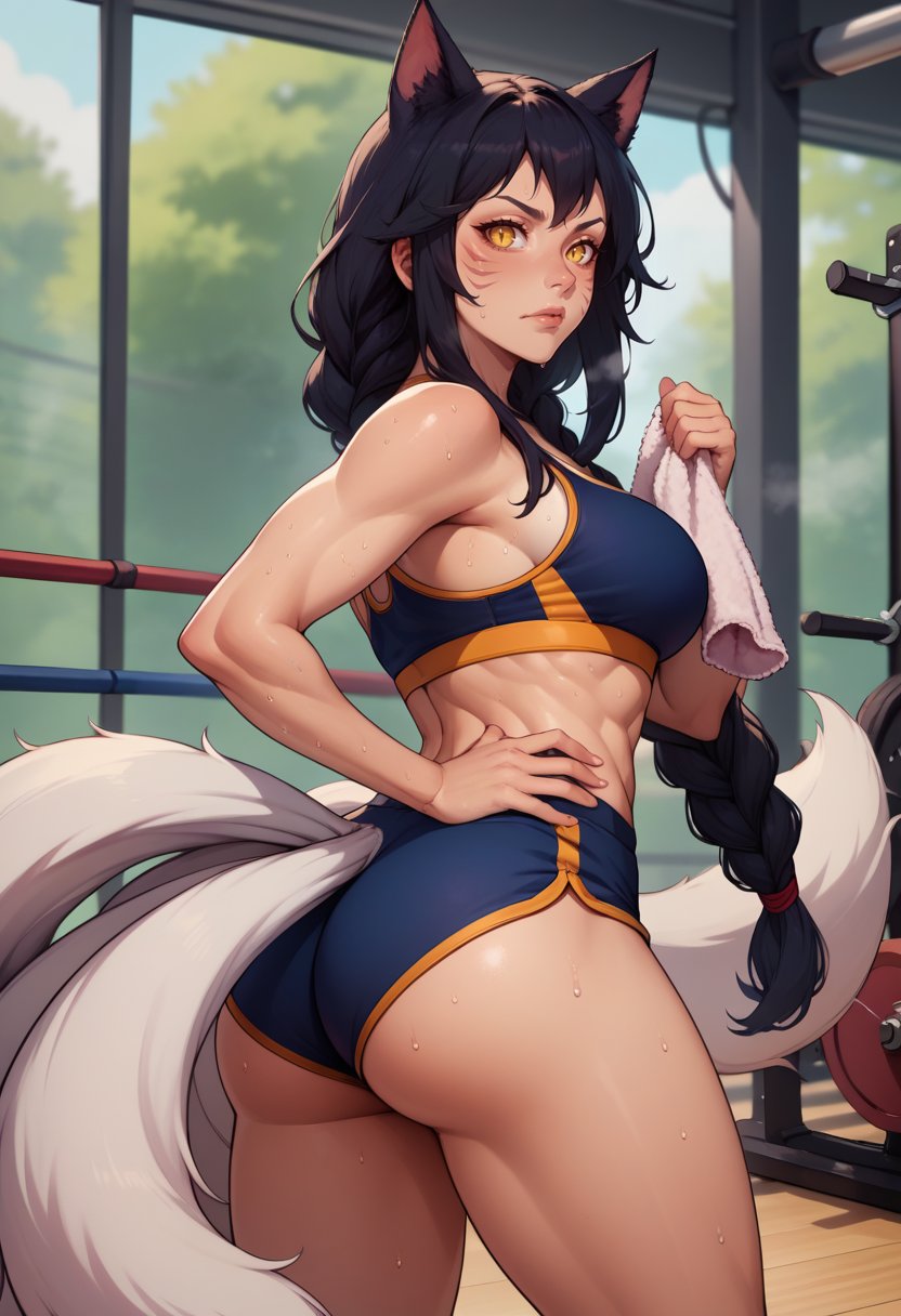 score_9, score_8_up, score_7_up, ahridefault, slit pupils, animal ears, facial mark, fox tail, multiple tails, long hair, single braid, black hair, yellow eyes, large breasts, <lora:Ahri_pdxl_Incrs_v1:1>, toned, sport bra, shorts, thighs, thigh gap, ass, sweat, gym, blurry background, twisted torso, hand up, hips, hand on own hip, holding towel