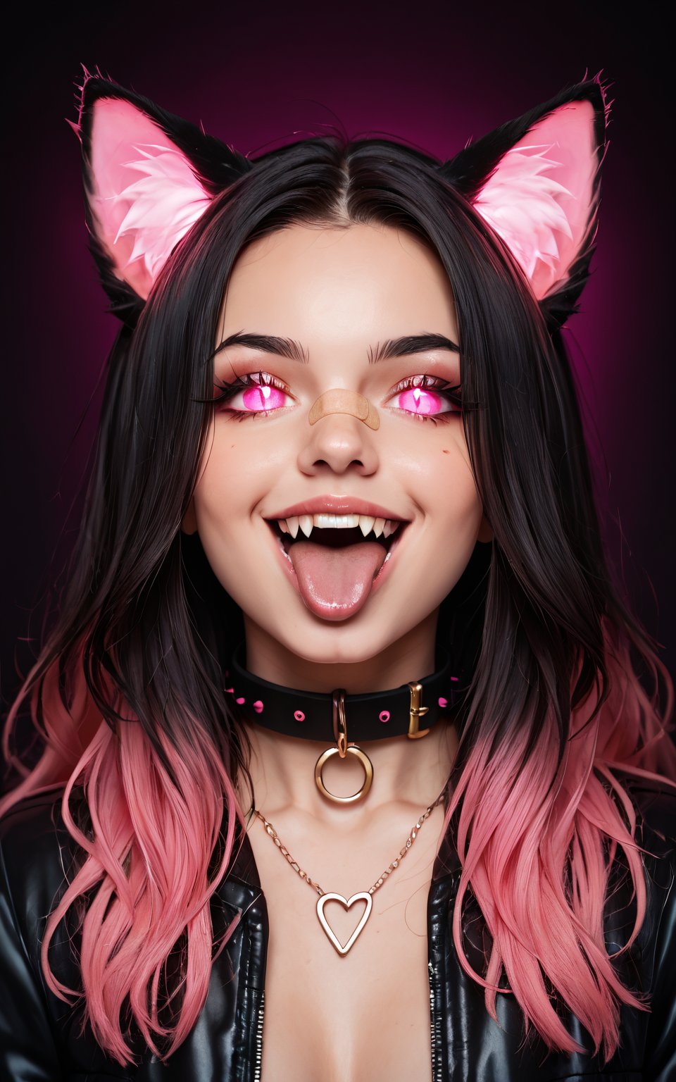 score_9,score_8_up,score_7_up, 1girl,long hair,looking at viewer,smile,open mouth,black hair,animal ears,jewelry,jacket,pink hair,multicolored hair,teeth,tongue,cat ears,tongue out,pink eyes,necklace,collar,gradient hair,glowing,fangs,slit pupils,bandaid,glowing eyes,bandaid on face<lora:realistic_pony_v1_fp32:0.8>