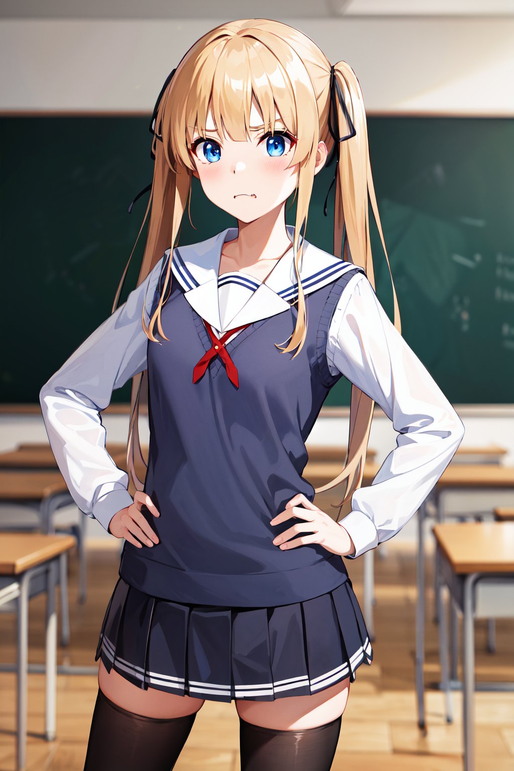 masterpiece, best quality, highres, aaeriri, long hair, twintails, hair ribbon, fang, school uniform, sailor collar, white shirt, sweater vest, long sleeves, pleated skirt, black skirt, black thighhighs, <lora:sawamura_spencer_eriri_v1:0.7>, frown, hands on hips, classroom, indoors