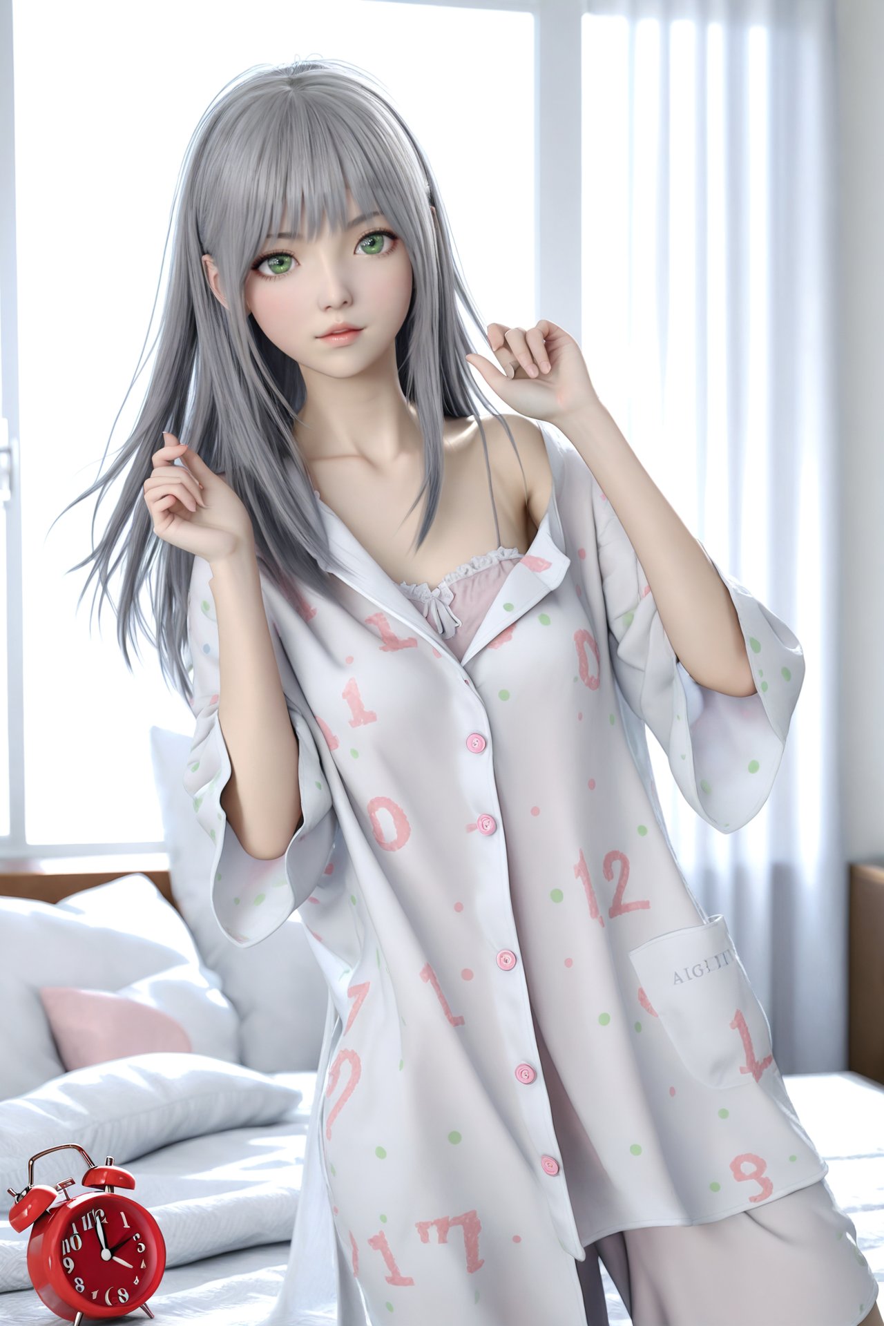 (masterpiece),(best quality),illustration,ultra detailed,hdr,Depth of field,(colorful),realistic,loli,1girl,clock,solo,alarm clock,under covers,green eyes,bed,long hair,pillow,indoors,sunlight,curtains,pajamas,grey hair,blanket,window,collarbone,bangs,