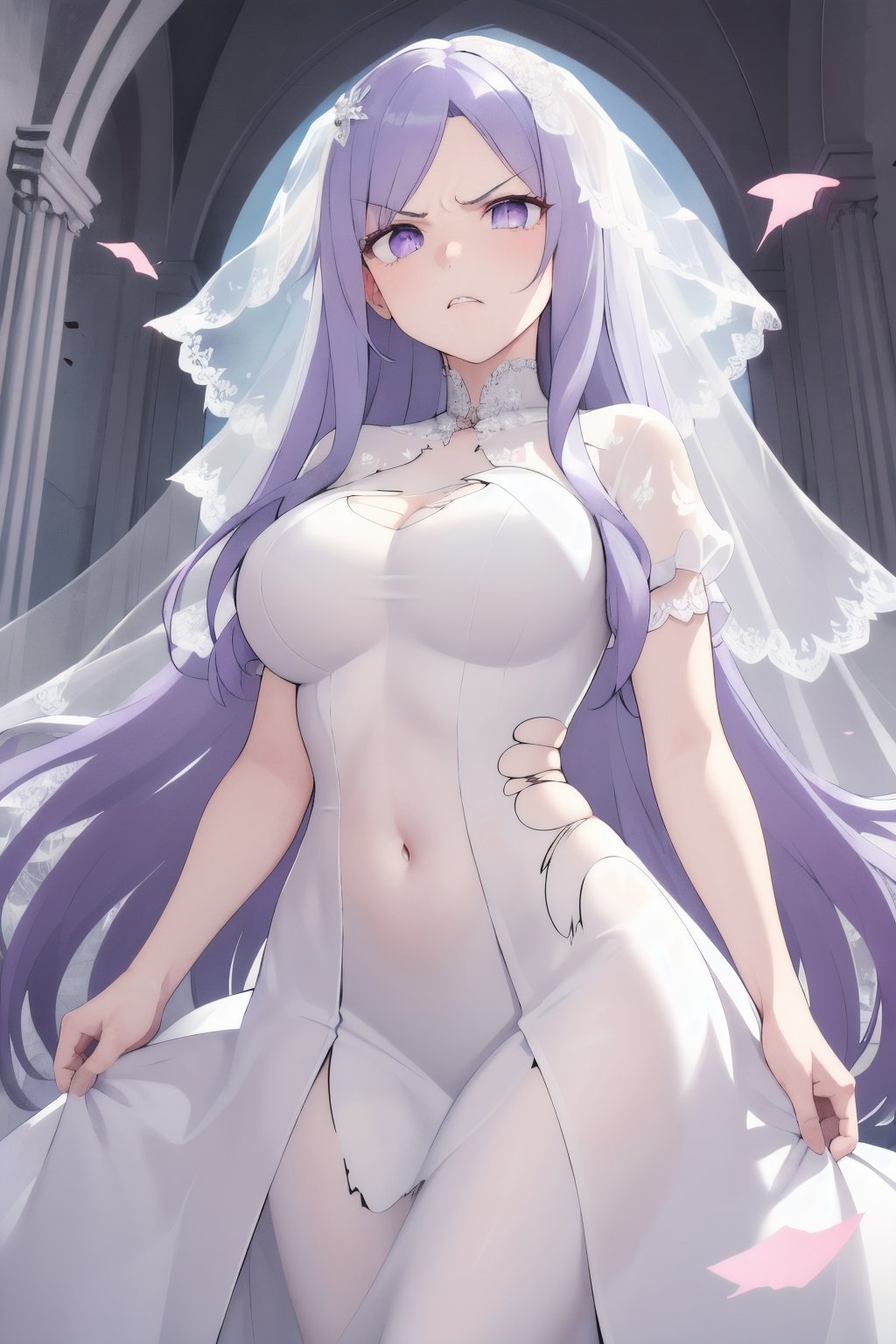 masterpiece,best quality,highres. 1girl,solo,very long hair,light purple hair,swept bangs,purple eyes,see-through,(wedding_dress:1.3),floating hair,short sleeves,large breasts,castle,(torn dress:1.2),(frown:1.1),teeth,navel,angry,<lora:lbc_quinella_(sao)24324_v1.0:0.8>,