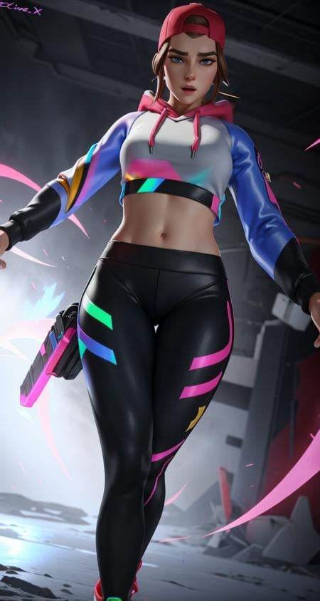 <lora:LoserFruit640:0.6> xyzloserfruit, 1girl, cap, portrait quality, beautiful eyes, ambient occlusion, 3d render, hoodie, dramatic, closeup, elated, cyber, midriff, leggings 