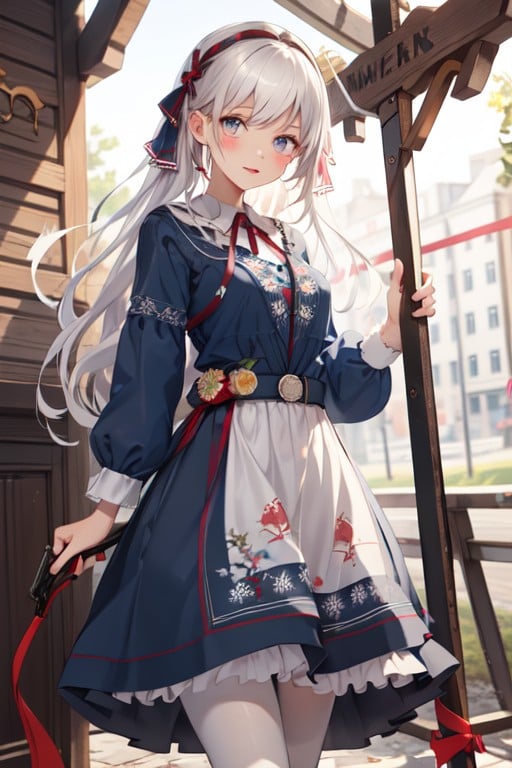 swedish dress, very long hair, blue dress, frills, skirt, red ribbon, gun, white pantyhose, pantyhose, floral print, ribbon, <lora:f99dcb7d-ffba-443f-9d6e-42c44f006392:0.7>