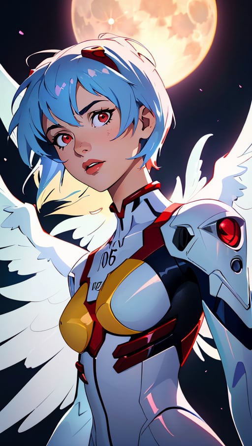 (best quality, masterpiece, colorful, dynamic angle, highest detailed)(\Rei Ayanami\), upper body photo, fashion photography of cute girl (\Rei Ayanami\), red eyes, dressing high detailed Evangelion white suit (high resolution textures), in dynamic pose, bokeh, (intricate details, hyperdetailed:1.15), detailed, moonlight passing through hair, (fantasy background, official art, extreme detailed, highest detailed), HDR+