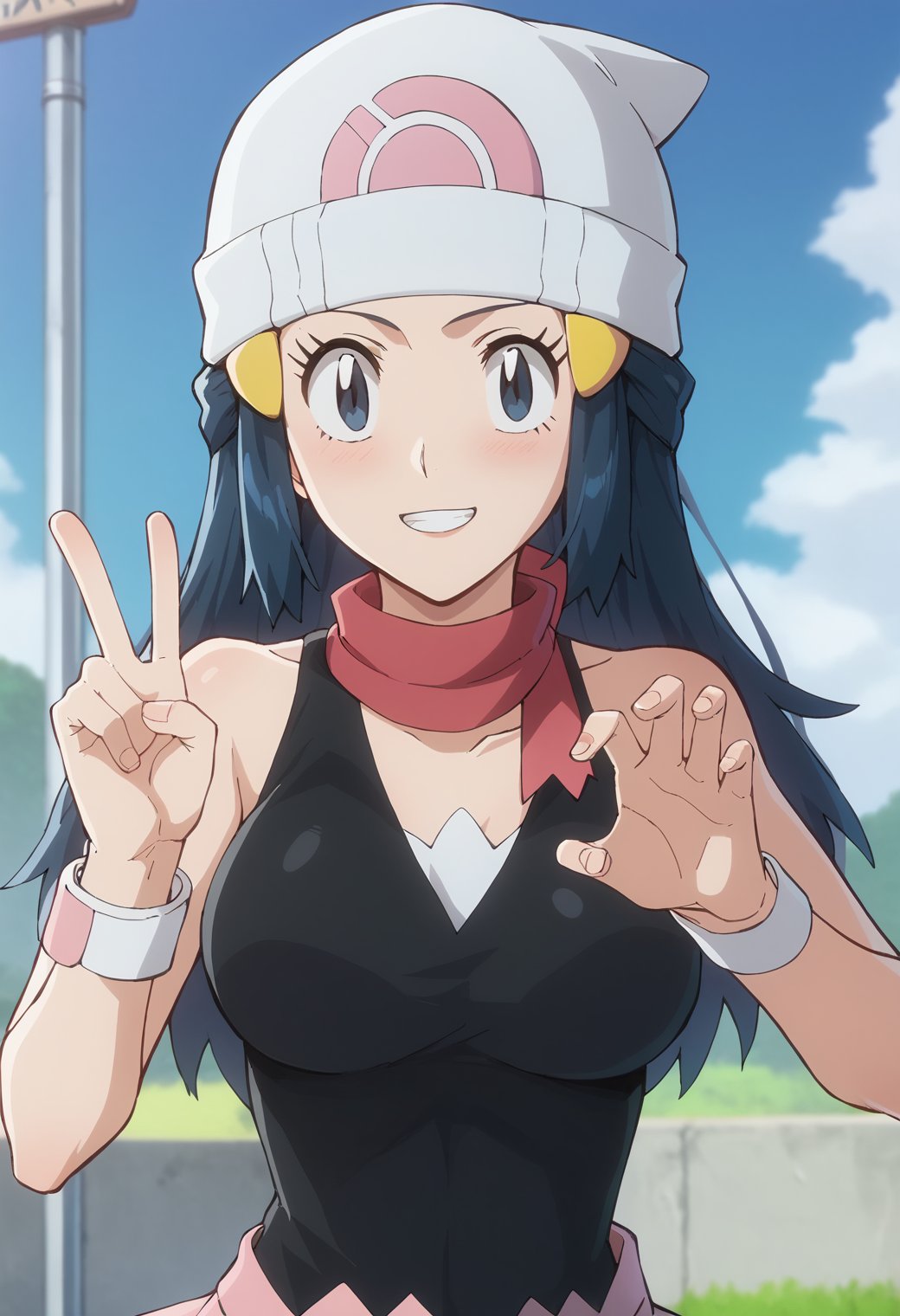 score_9, score_8_up, score_7_up,  source_anime, BREAK, 1girl,solo, dawn \(pokemon\), cropped sweater, light smile, v pose<lora:BleachTYBWstyle:1>