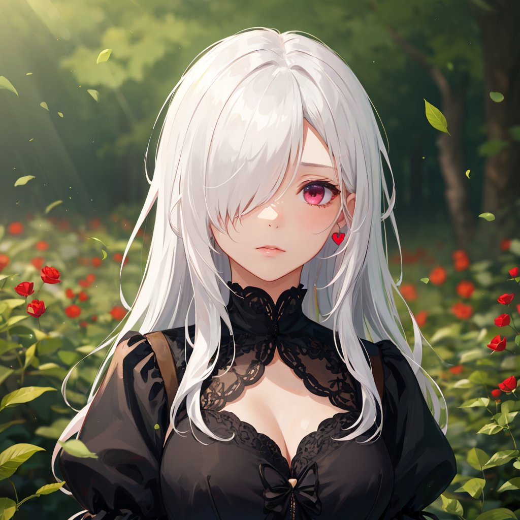 1girl, solo, detailed face, detailed eyes, reddish pink eyes, black dress with puffy sleeves, heart print, large firm breasts, (upper body), long hair, (white hair), wild and messy hair, sidelocks, (hair over one eye:1.3), abstract, flowers, flower, leaves, garden background, (blurry background, blurry foreground, depth of field, ambient lighting:1.3), somber lighting, somber moment