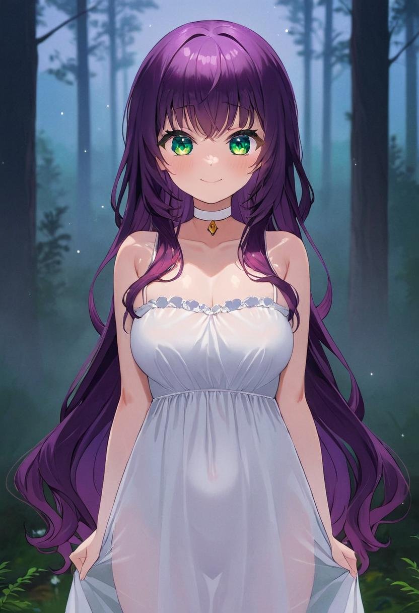 masterpiece, best quality, solo,long hair, wavy hair, purple hair, green eyes, medium breasts, white dress, choker, smile, v,portrait, forest, fog, night, close-up,