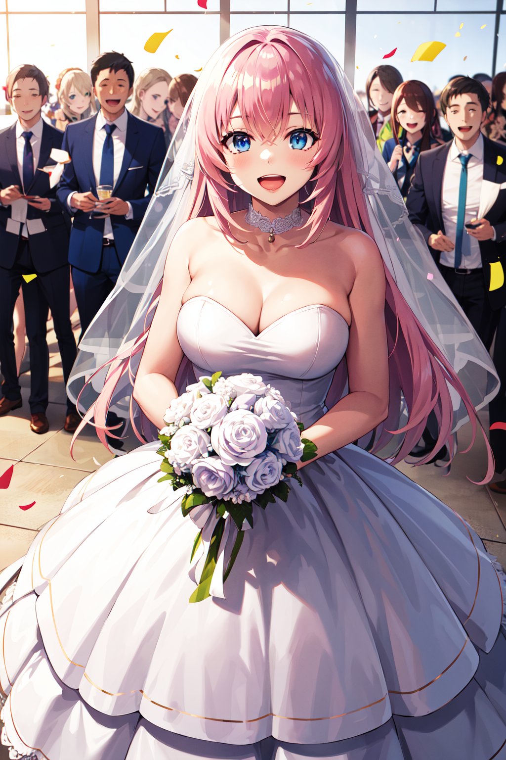masterpiece, best quality, highres, aahonami, long hair, pink hair, blue eyes,  <lora:ichinose_honami_v1:0.7>, wedding dress, white dress, strapless, smile, open mouth, holding bouquet, confetti, 