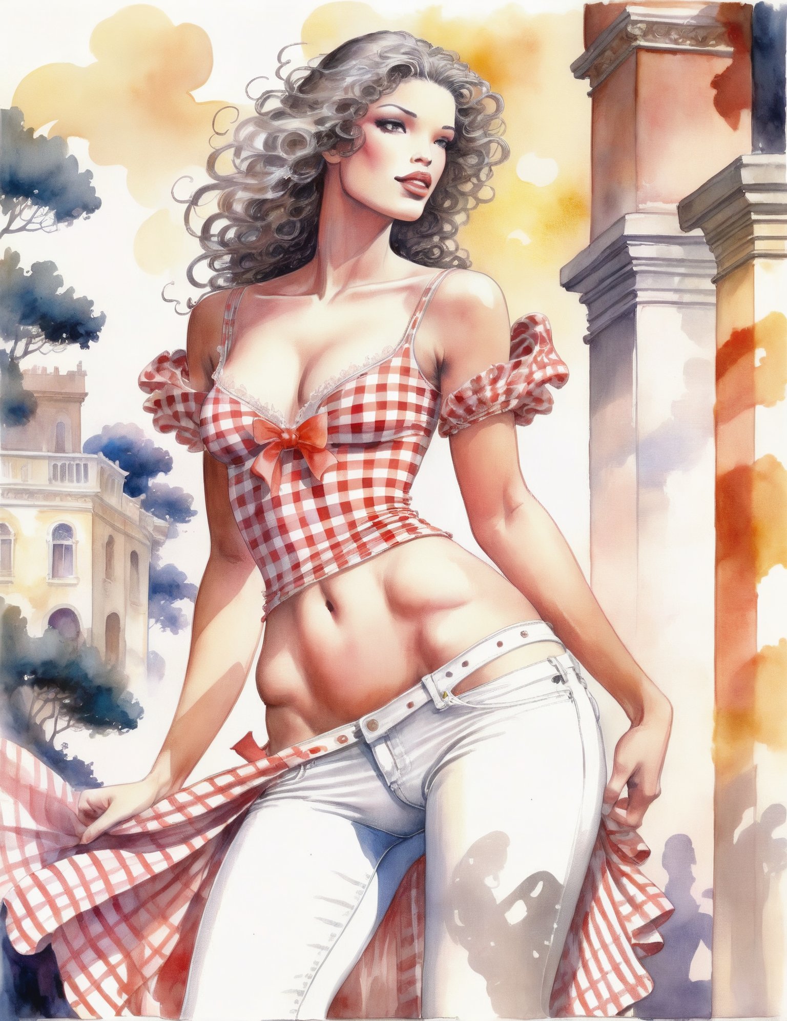 Impressive watercolor painting, (Graceful princess:1.3), Tilted composition, Curvaceous figure, Intricate skin details, (Lush hair:1.2), Delicate gingham top, White denim elegance, Coral ribbon accents, Dynamic Power Stance, (Lively festival scene:1.2), Vibrant colors, Intriguing shadows, Crafted in the essence of Milo Manara, mlmnr style, <lora:MiloManara XL_11:1>