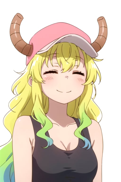 solo, 1girl, looking at viewer, 2D, anime, official style, anime coloring, anime screencap, upper body, (simple background, solid white background:1.3), <lora:quetzalcoatl-maidragon:0.8>, quetzalcoatl, pink hat, horns through headwear, tank top, closed eyes, smile