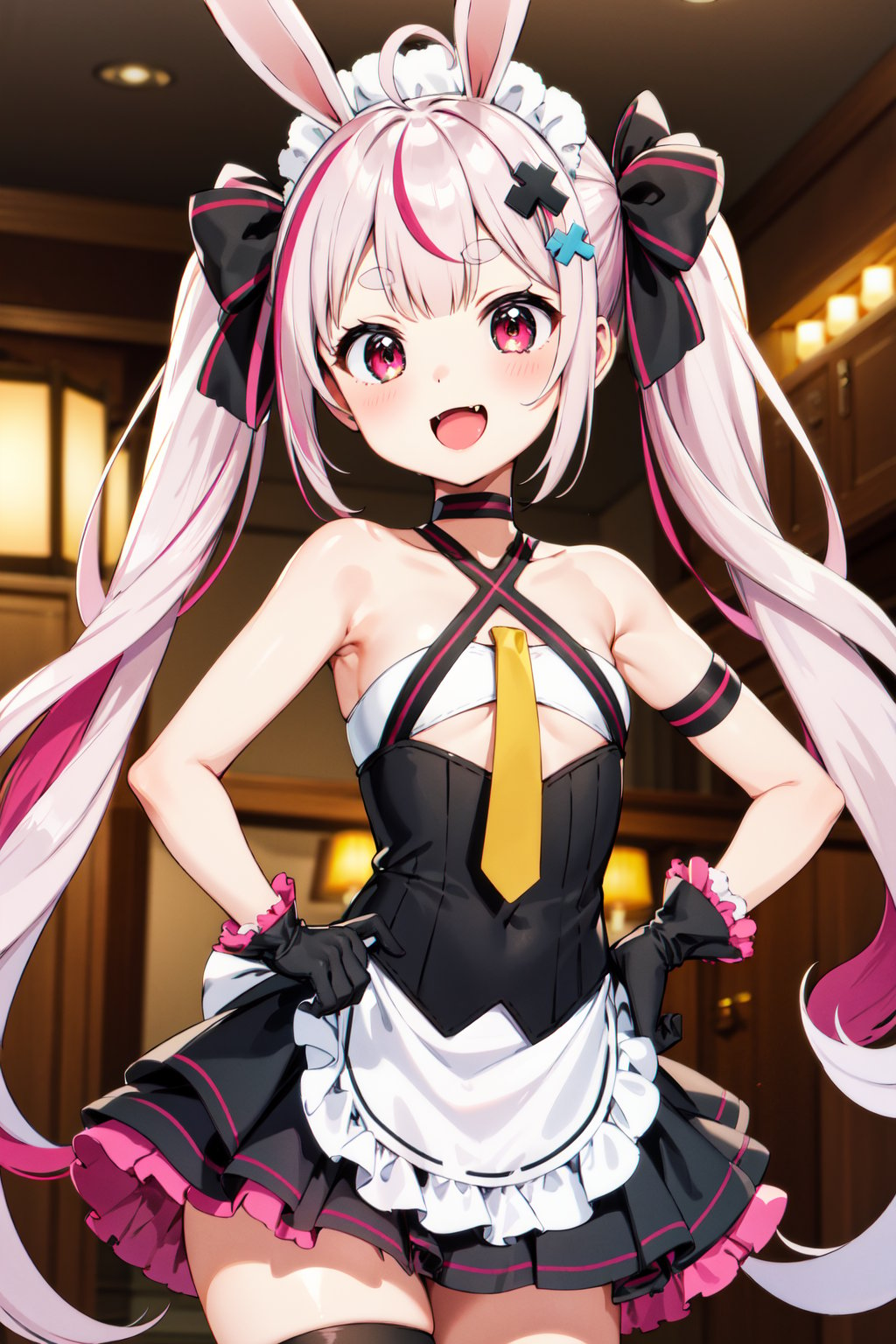 masterpiece, best quality, highres, aatomari, long hair, ahoge, twintails, hair bow, multicolored hair, rabbit ears, maid headdress, x hair ornament, thick eyebrows, choker, criss-cross halter, yellow necktie, bare shoulders, black gloves, frills, layered skirt, black skirt, single thighhigh, <lora:tomari_mari_v1:0.7>, hand on hip, smile, fang, open mouth, 