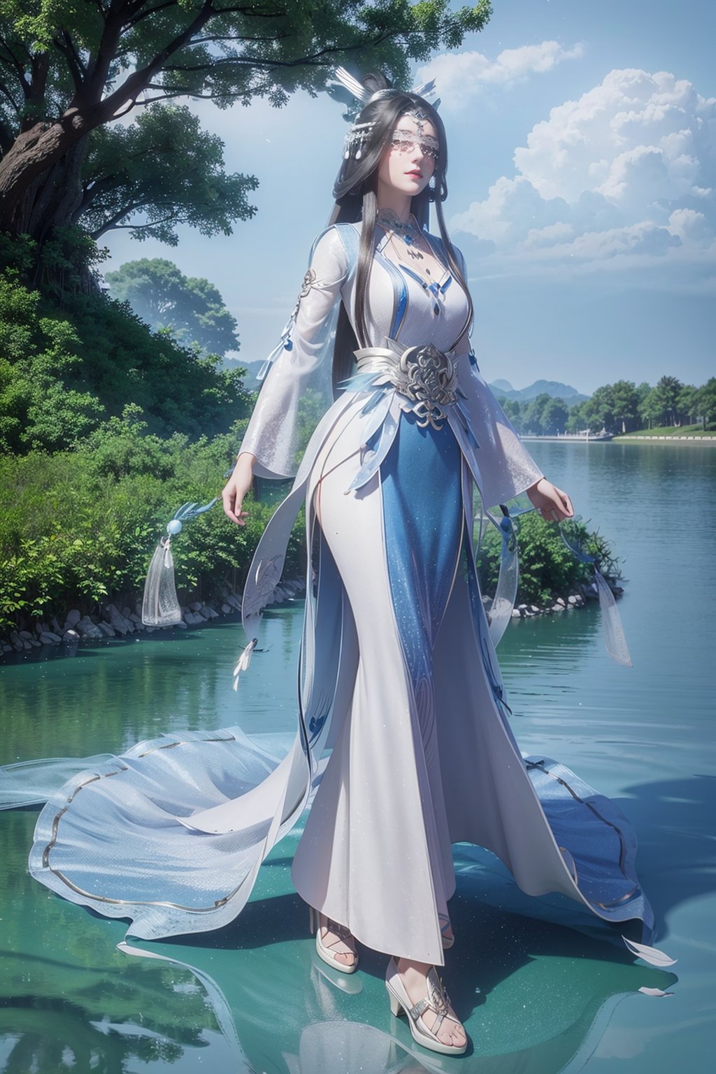 xianni\(lanruo\),chinese dress,1girl,solo,full body,dynamic pose,cinematic_angle,<lora:lanruo_v1:0.7>,lying_on_the_lake,