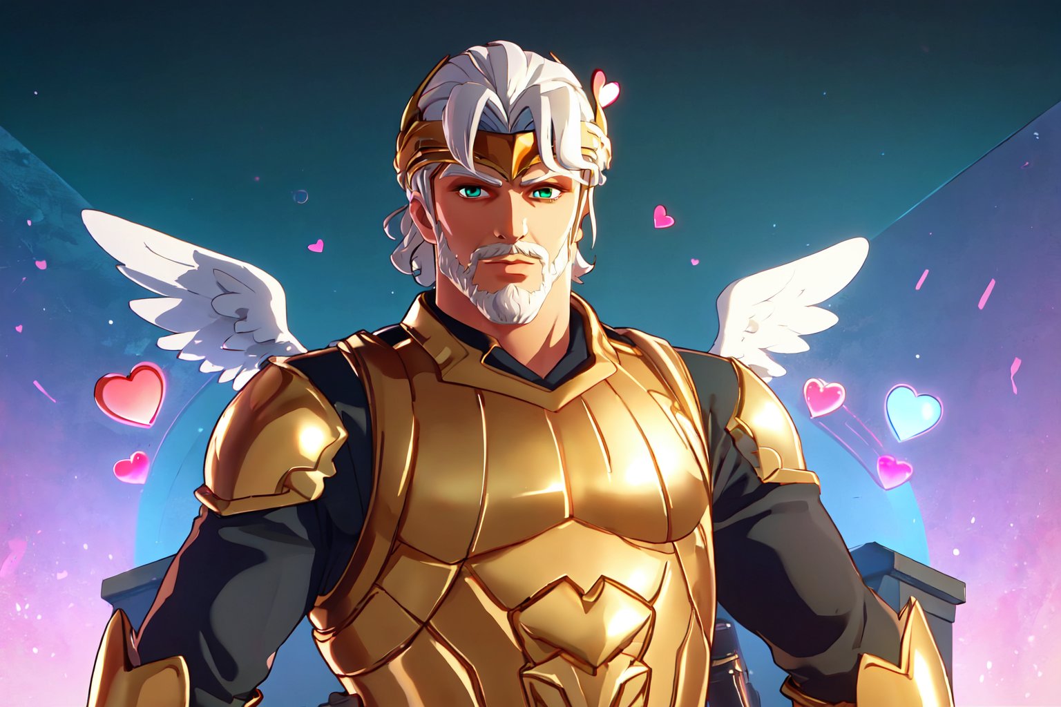 <lora:zeusfortnite-09:0.5> zeusfortnitev1, 1boy, white skin, white hair, mature male, green eyes, shotgun shell bandolier, facial hair, golden armor, looking at viewer,  <lora:CupidTech:0.8> cupidtech , scifi