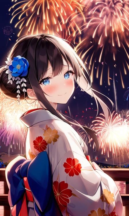 1girl, safe, solo, looking at viewer, blush, smile, blue eyes, black hair, hair ornament, closed mouth, upper body, flower, sidelocks, outdoors, japanese clothes, hair flower, tears, kimono, hair bun, sash, night, obi, crying, single hair bun, blue flower, white kimono, print kimono, fireworks, aerial fireworks