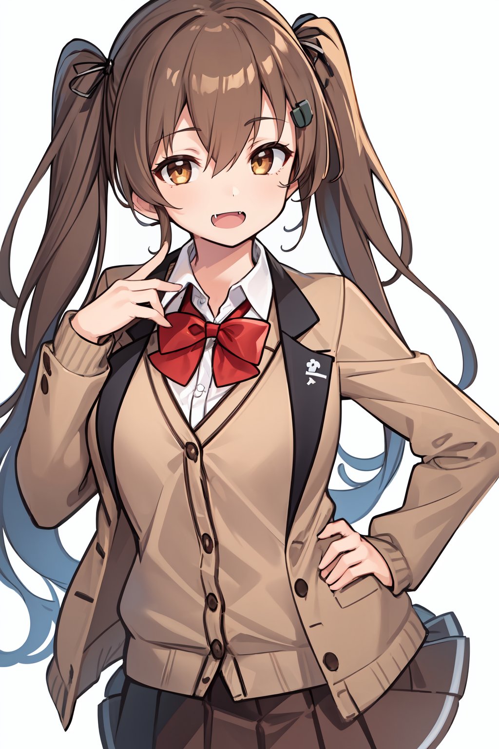 1girl, , :d, blazer, bow, bowtie, brown cardigan, brown eyes, brown hair, brown jacket, brown skirt, cardigan, collared shirt, cosplay, fang, frilled skirt, frills, hair between eyes, hand on own hip, hand up, jacket, long hair, long sleeves, looking at viewer, magatama, open clothes, open jacket, open mouth, pleated skirt, red bow, red bowtie, school uniform, shirt, simple background, skirt, smile, solo, suzuya (kancolle) (cosplay), twintails, v, v over eye, white background, white shirt, 