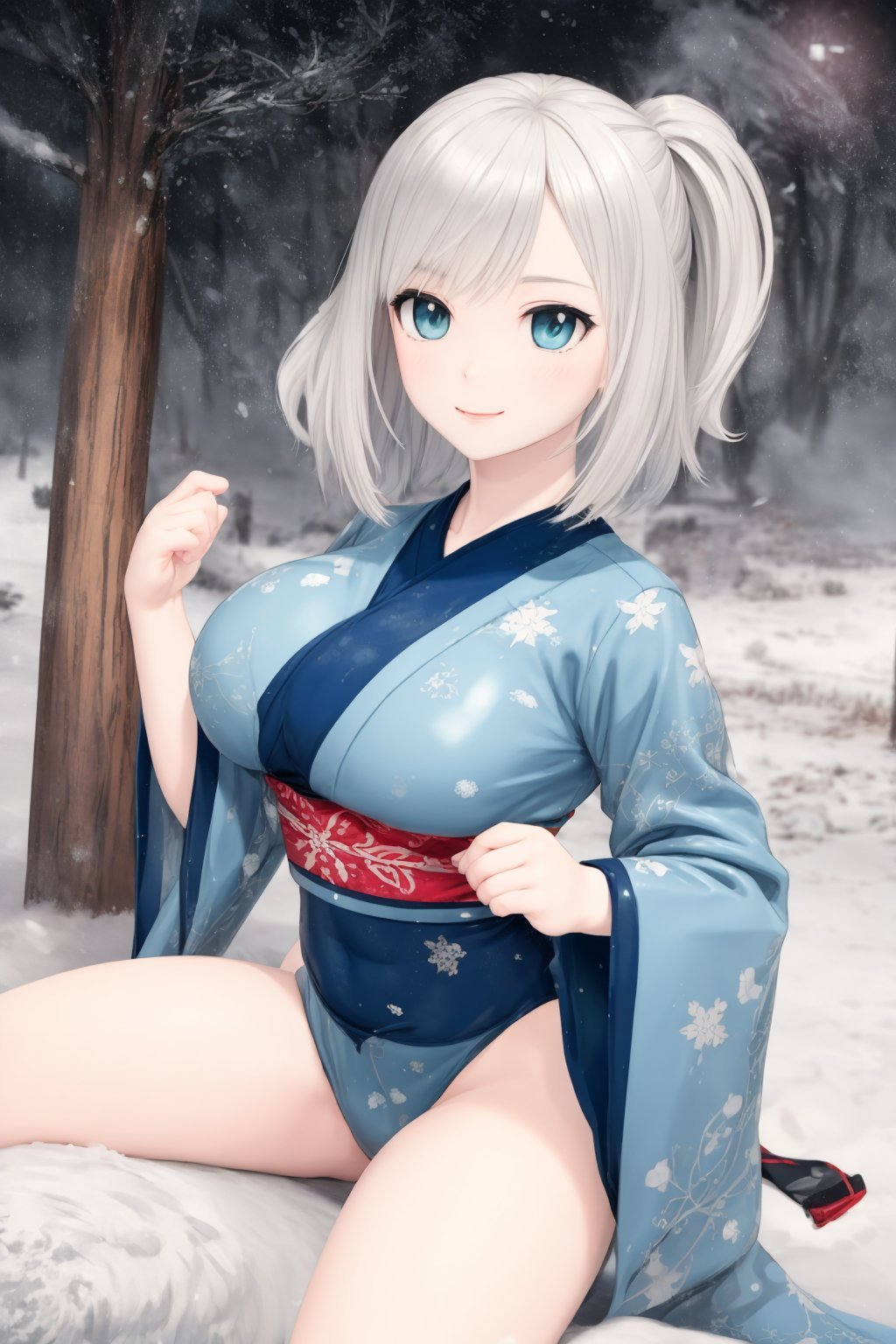 (3D:1.4), dynamic poses, legendary girl, wide angle, aqua  eyeshadow, aqua lips, (textile shading PVC [japanese clothes:highleg latex leotard:0.3]:1.3), blue kimono obijime, snowflake print pattern, light smile, oppai_loli, large breasts, shortstack, narrow waist, cute child, white hair, white skin, white shiny pupils, heavy breathing, (fantasy snowstorm:1.4), in night forest, f1.4 bokeh, cinematic lighting, global illumination, raw, iso100, gravure portrait photo, superb hands texture, ultimate quallity, <lora:flat2:-0.5>,  <lora:kasshokuhada:-2>, <lora:hohoaka:1>, <lyco:ColoredLipstickv420:0.4>