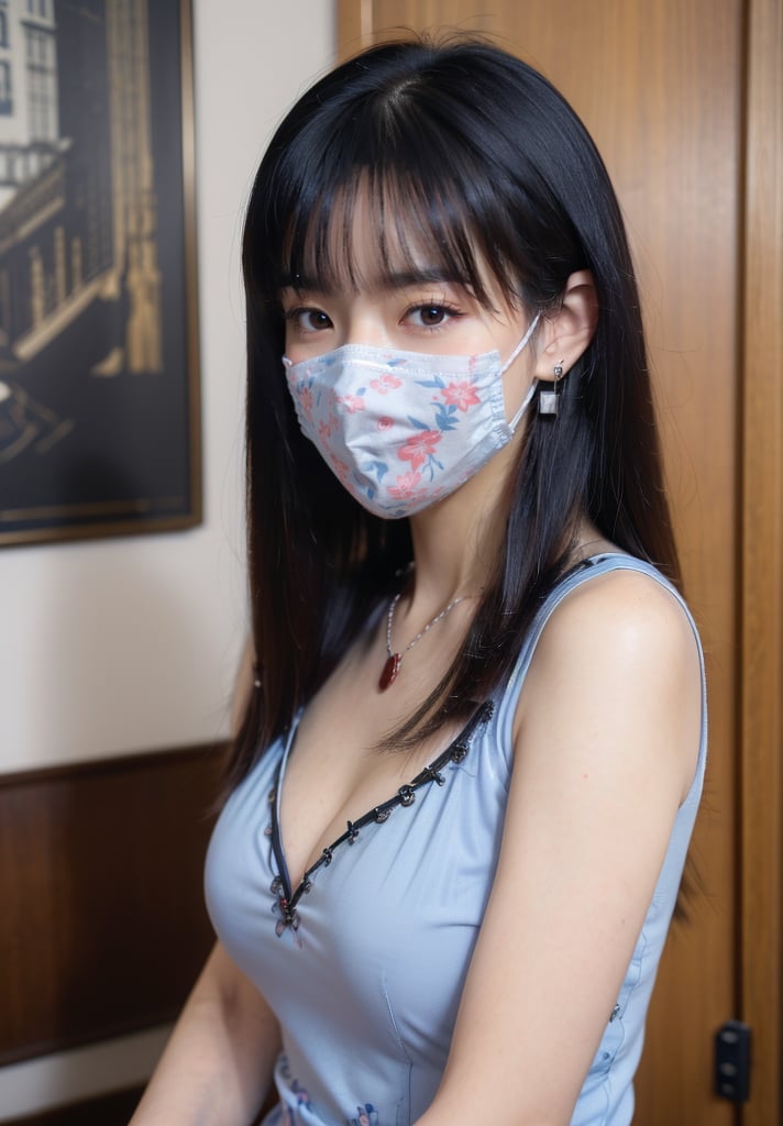 (best quality, masterpiece:1.3),1girl,jinyu.1girl,solo,big breasts,cleavage,narrow_waist,slender,pale_skin,long hair,straight_hair,(masks:1.2),(mouth_mask:1.3),china_dress,print_cheongsam,color contact lenses,mole under eye,nail_art,portrait,(stud earrings:1.2),(front view:1.2),(looking_at_viewer:1.4),(eye-contact:1.4),pendant,necklace,sweater,dress,The whole body, <lora:半透浅蓝色情趣旗袍风:0.8>