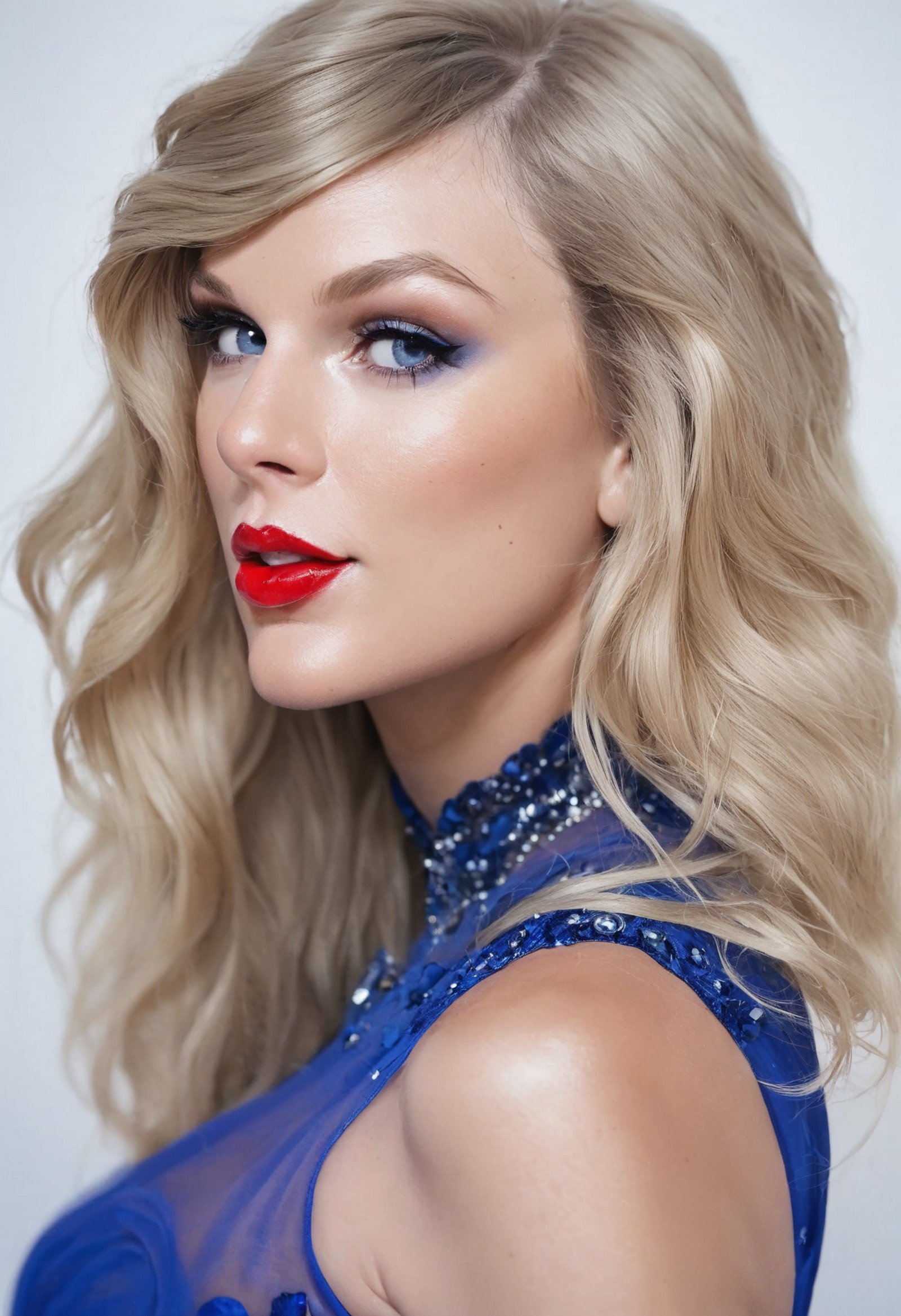 score_9, score_8_up, score_7_up,  rating_safe,tayswift, <lora:taySwiftPony:1.0>,long blonde hair, blue eyes, portrait,  blue dress, makeup, lipstick, 