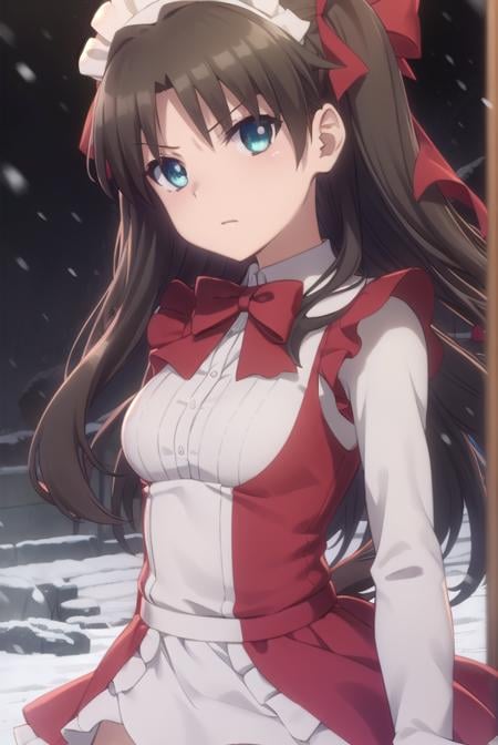 rintohsaka, <lora:rin tohsaka prisma s2s3-lora-nochekaiser:1>,rin tohsaka, long hair, black hair, two side up, aqua eyes, bow, hair bow,BREAK thighhighs, dress, frills, black thighhighs, zettai ryouiki, long sleeves, maid, maid headdress, red dress,BREAK outdoors, snow,BREAK looking at viewer, (cowboy shot:1.5), dynamic pose,BREAK <lyco:GoodHands-beta2:1>, (masterpiece:1.2), best quality, high resolution, unity 8k wallpaper, (illustration:0.8), (beautiful detailed eyes:1.6), extremely detailed face, perfect lighting, extremely detailed CG, (perfect hands, perfect anatomy),