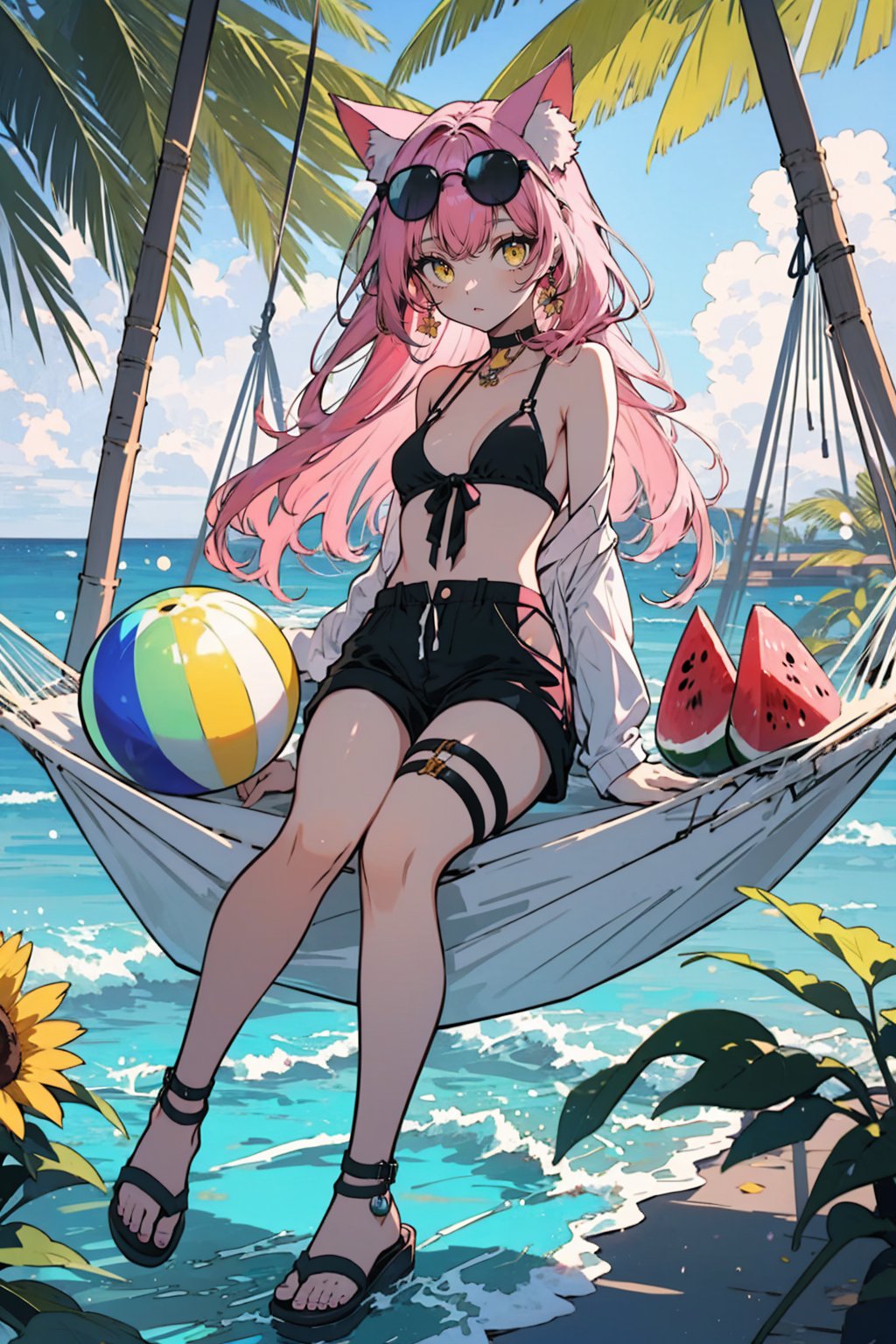 1girl,pink hair,fruit,food,eyewear on head,flower,sunglasses,watermelon,solo,sunflower,sandals,shorts,(hammock:1.3),looking at viewer,animal ears,water,yellow eyes,ball,sitting,official alternate costume,swimsuit,(pink tail:1.1),bikini,full body,cat ears,jewelry,thigh strap,beachball,masterpiece,best quality,