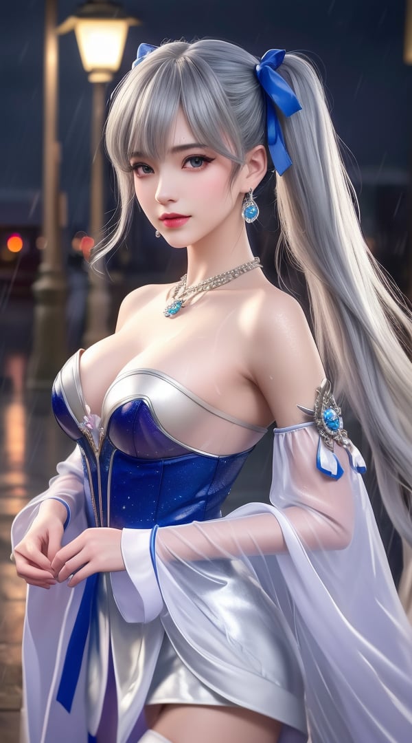 <lora:380-DA-武动乾坤-林青檀:0.8> ,(,1girl, ,best quality, ),looking at viewer, ,ultra detailed 8k cg, ultra detailed background,  ultra realistic 8k cg, flawless,  tamari \(flawless\), professional artwork, famous artwork, cinematic lighting, cinematic bloom, (( , )),, dreamlike, unreal, science fiction,  luxury, jewelry, diamond, pearl, gem, sapphire, ruby, emerald, intricate detail, delicate pattern, charming, alluring, seductive, erotic, enchanting, hair ornament, necklace, earrings, bracelet, armlet,halo,masterpiece, (( , )),,  ,cherry blossoms,(((, night,night sky,lamppost,  ultra high res, (photorealistic:1.4), raw photo, 1girl, , rain, sweat, ,wet, )))(( , ))   (()), (), 1girl, solo, blue_ribbon, detached_sleeves, ribbon, long_hair, twintails, thighhighs, bow, blue_sleeves,silver hair, 