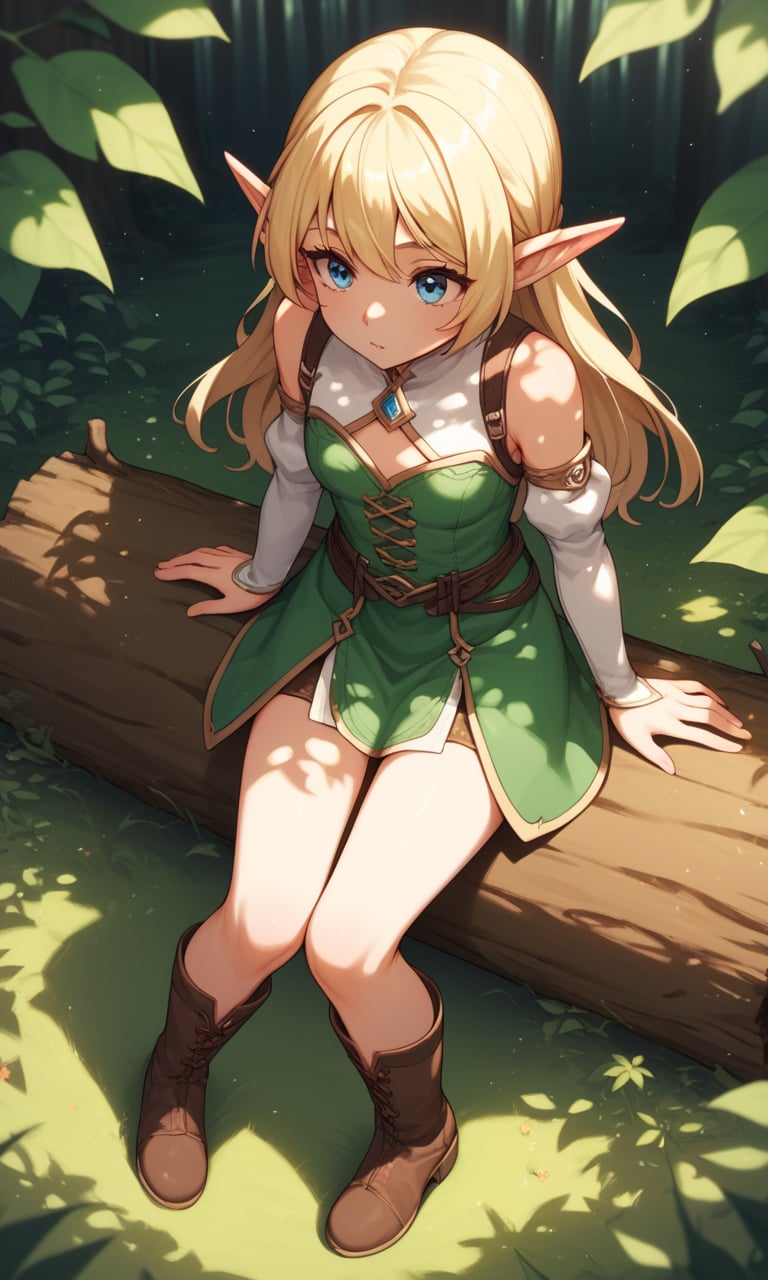 score_9, score_8_up, score_7_up, score_6_up, score_5_up, score_4_up, source_anime, BREAK, 1girl, solo, elf girl, elf ears, pixie, sitting on log, forest, blue eyes,from above,looking up,ground,blonde hair,(dappled sunlight)1.2,blurry,depth of field, boots,leaf