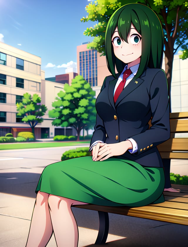 <lora:tsuyu:.7>tsuyu asui, school in background, sitting on bench