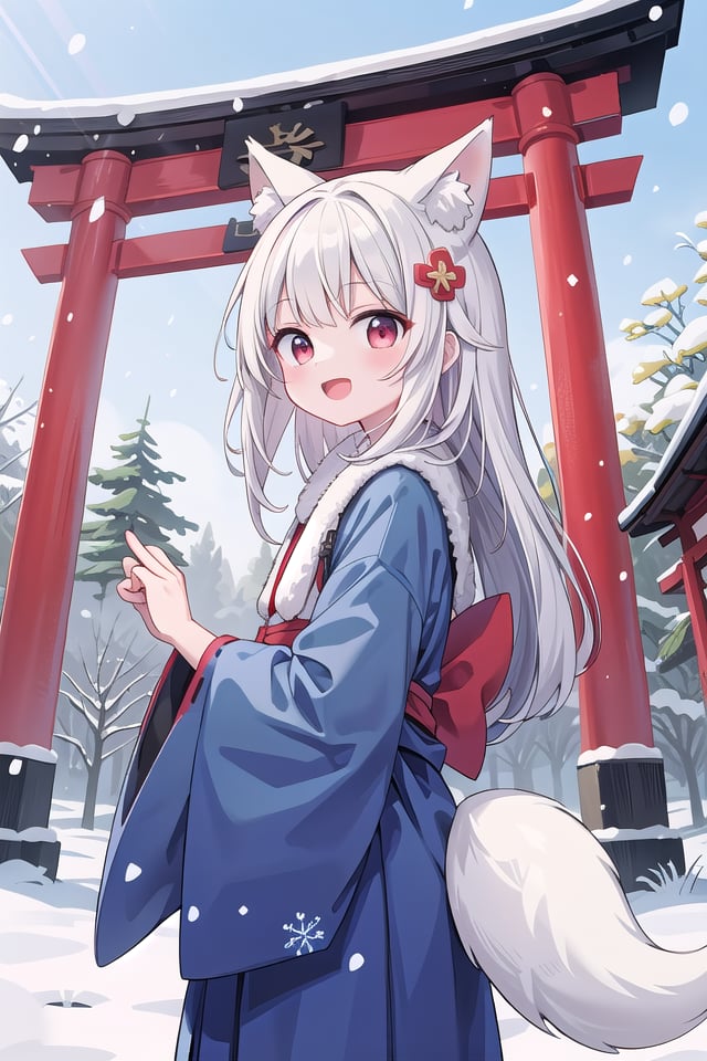 insanely detailed, absurdres, ultra-highres, ultra-detailed, best quality,1girl, solo, nice hands, perfect hands,BREAKmiko, hanfu, winter hanfu, cloak, (bare shoulder:-1.5), (cleavage:-1.5)BREAKhappy smile, laugh, open mouth, standing,from side,cute pose, cowboy shot,BREAKslender, kawaii, perfect symmetrical face, ultra cute girl, ultra cute face, ultra detailed eyes, ultra detailed hair, ultra cute, ultra beautiful,BREAKjapan, shrine, snowing, snowflake, snow, torii gate, stone steps, shrine architectureBREAK(white blue hair:1.2), very long hair, red eyes, two-tone hair, hair ornament, fox ears, fox tail, multiple tails,