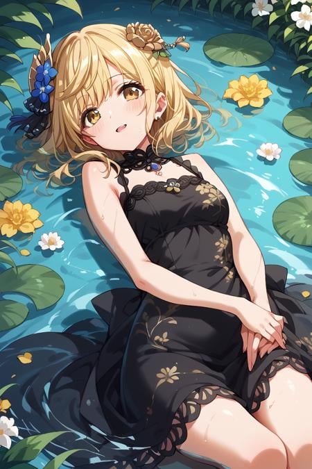 score_9, score_8_up, score_7_up, score_6_up, 1girl, <lora:Tsukimiyama_Nagisa:0.9> nagisa, blonde hair, yellow eyes, on back, water, flowers, hair ornament, silk black dress,