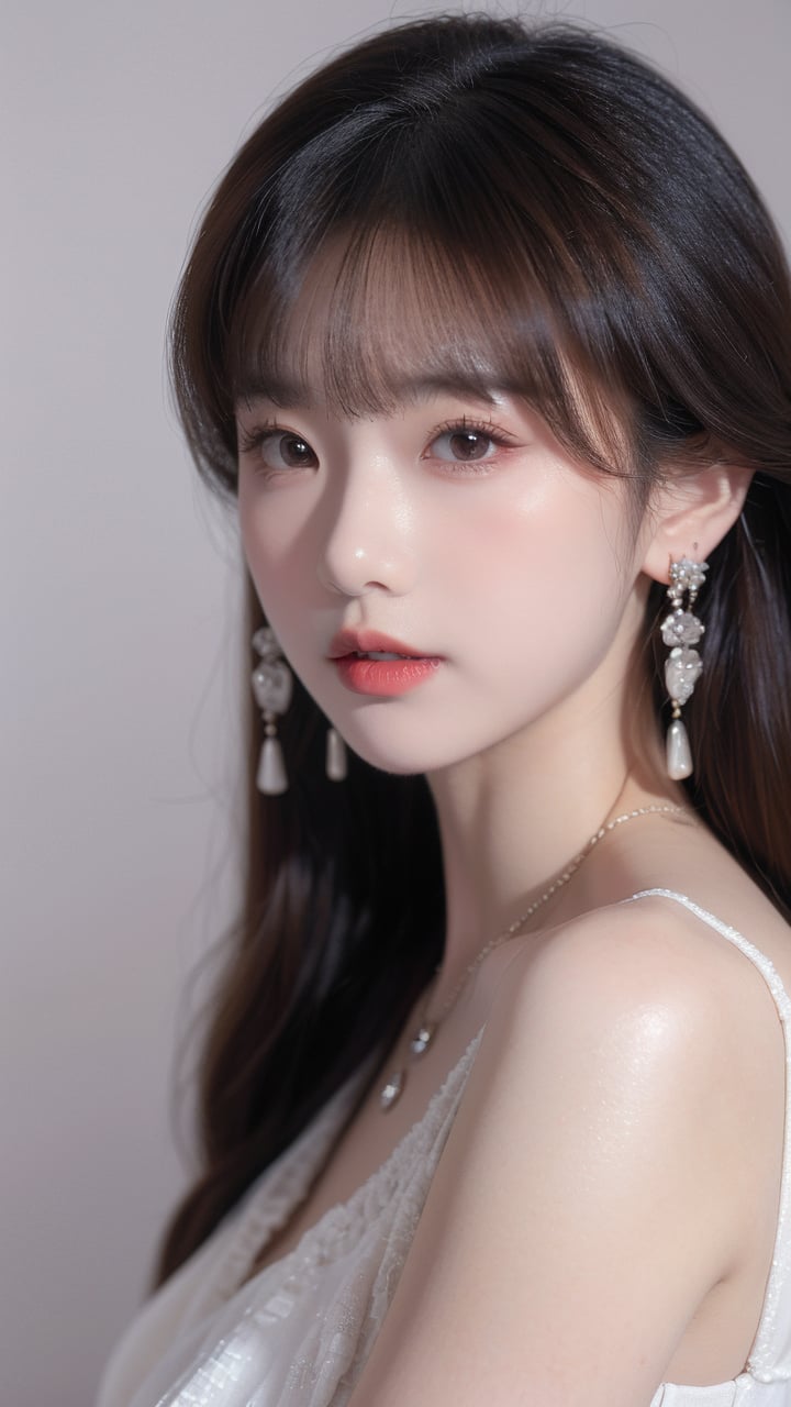 <lora:meinv214:0.8>,1girl,solo,jewelry,realistic,brown hair,earrings,necklace,brown eyes,looking at viewer,long hair,dress,white dress,parted lips,upper body,lips,grey background,