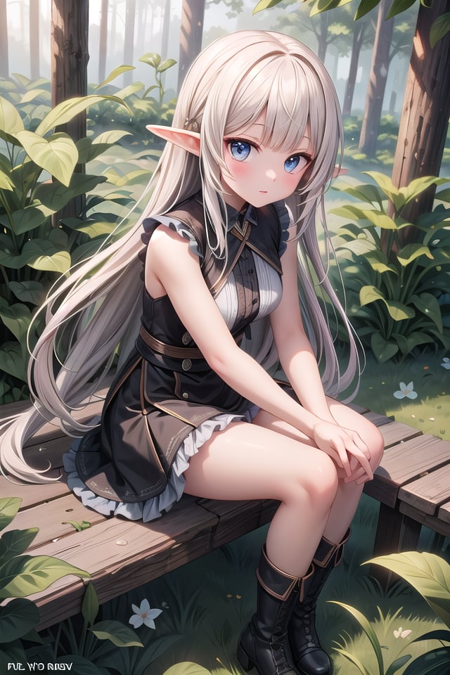 insanely detailed, absurdres, ultra-highres, ultra-detailed, best quality,1girl, solo, nice hands, perfect handsBREAKelf girl, bootsBREAKsitting on branch,from above,looking up,cowboy shot, looking at viewerBREAKslender, kawaii, perfect symmetrical face, ultra cute girl, ultra cute face, ultra detailed eyes, ultra detailed hair, ultra cute, ultra beautifulBREAKin forest, ground, leaf, butterfly, (wide shot magnificent view:1.2),(dappled sunlight:1.2), blurry, (depth of field:1.1)BREAKshiny hair, blonde hair, blunt bangs