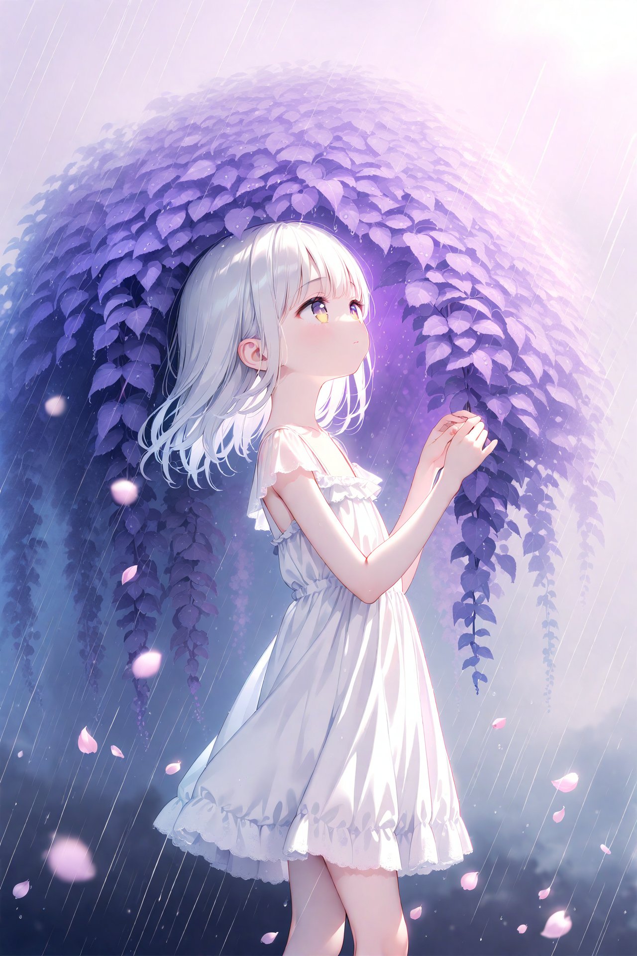 (masterpiece),(best quality),illustration,ultra detailed,hdr,Depth of field,(colorful),loli,white background,Dundar effect,a lot of purple vines,vines covering half of the painting,delicate plant details,a girl,girl,petite girl,long white hair,golden pupils,white dress,bare feet,side,side,upper body,head up,sad eyes,rain,light,figure light,petals,purple filter,left,fog,dream,unreal,Blur,float light,