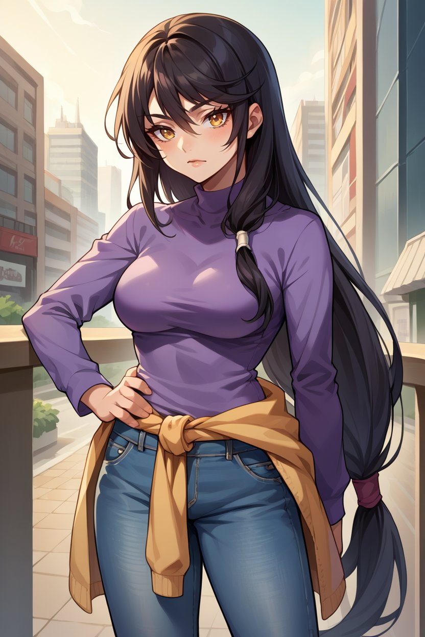 score_9, score_8_up, score_7_up, score_6_up, source_anime BREAK 1girl, solo <lora:velvetcrowe-pdxl-nvwls-v1-000005:1> velvetcrowe, black hair, low-tied long hair, medium breasts, purple shirt, long sleeves, jeans, sweater around waist, looking at you, city, hand on hip