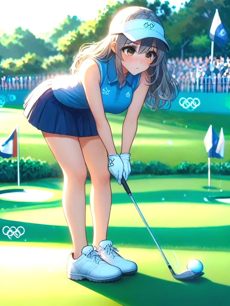 source_anime, playing golf, golf course, holding golf club, golf ball, full body, 1girl, leaning forward, olympic rings, gloves, visor cap, polo shirt, sleeveless, skirt, shoes, grey hair, brown hair, braid, ribbon, shy, blush, parted lips, big tits, outdoors, flagpole, <lora:girllikeplayinggolf_pony:1>