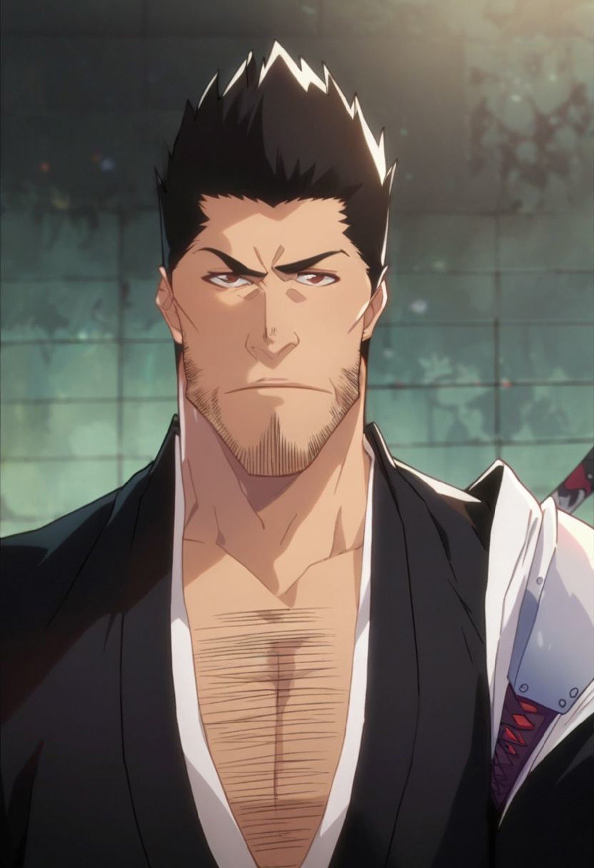 score_9, score_8_up, score_7_up, isshin, male focus, solo, facial hair, 1man, looking at viewer, japanese clothes, stubble, pectoral cleavage, chest hair, mature male, katana,