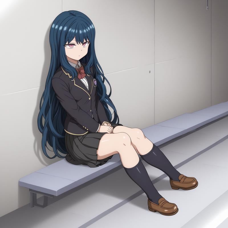 <lora:YuuNozakiXLpony001>,solo,YuuNozaki,1girl,blue hair,long hair,pink eyes,school_uniform,black blazer,pleated_skirt,black skirt,black socks,full body,sitting,