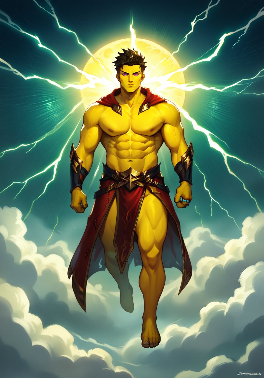 score_9, score_8_up, score_7_up, score_6_up, high quality, masterpiece, 8k, highres, detailed, full body, (looking at viewer) :: solo, man, (mature:1.35), (adult:1.35), masculine (lightning elemental:1.2), (made of lightning), (bright yellow skin:1.2), standing, flying, storm clouds, Thunder, long face, (very tall) :: scary, menacing, dramatic shadows, dramatic shading, closed mouth :: detailed face :: medium hair, spiky hair, hair gel :: (purple eyes:1.1), ring eyes, slit pupils, detailed eyes, detailed face