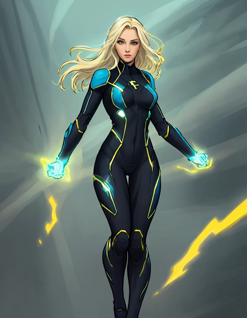 superhero suit, woman, full body, floating, electric powers, armor,,  bodysuit, <lora:Superhero_suit-000007:.7>, realistic