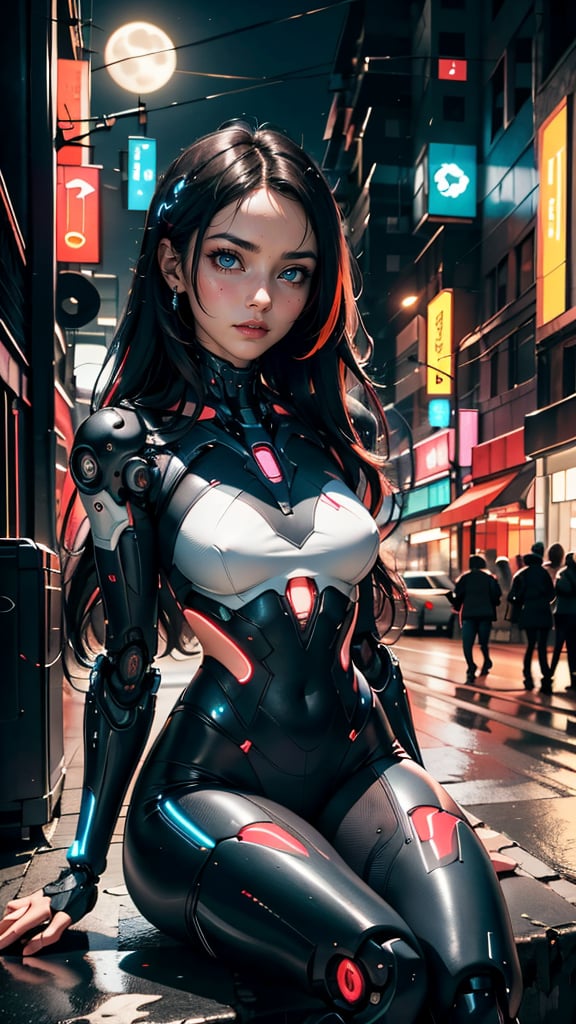 (best quality, masterpiece, colorful, dynamic angle, highest detailed)upper body photo, full body photo, fashion photography of cute 1girl, mechanical arms, cyborg, dark mood, dystopia, glowing, looking at viewer, sitting, long hair, bokeh (intricate details, hyperdetailed:1.15), detailed, moonlight passing through hair, (official cyberpunk art, extreme detailed, highest detailed), HDR+