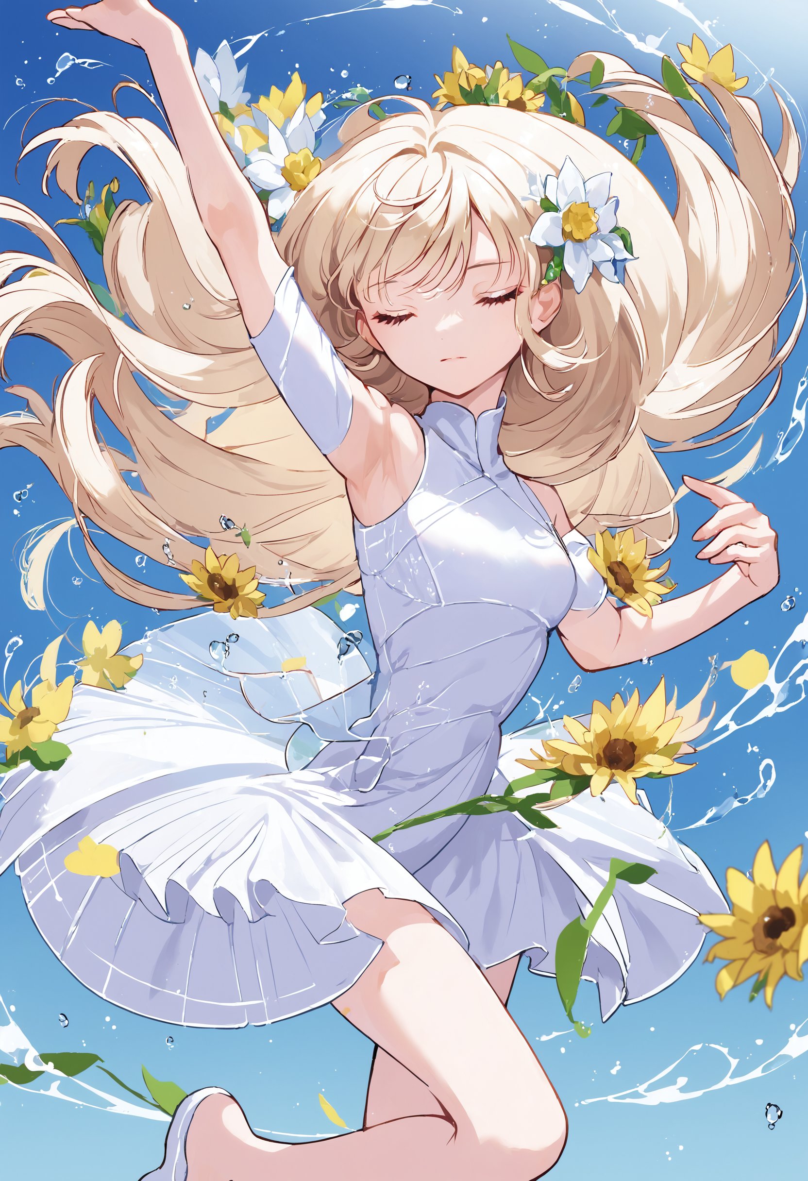 score_9_up score_8_up score_7_up, 1girl, white dress, dancing, long hair, closed eyes, flower, water<lora:style_yoneyama_mai_12A:1>