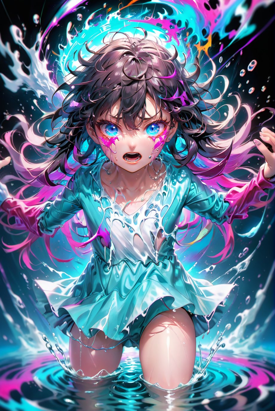 hiro crazy dimension, a girl drowning into the vortex of vivid liquid color, chaos, angry, lighting effect(emotional:1.2) <lora:LoraSDXL-Hiro Crazy Dimension 23 3 2024:0.85>