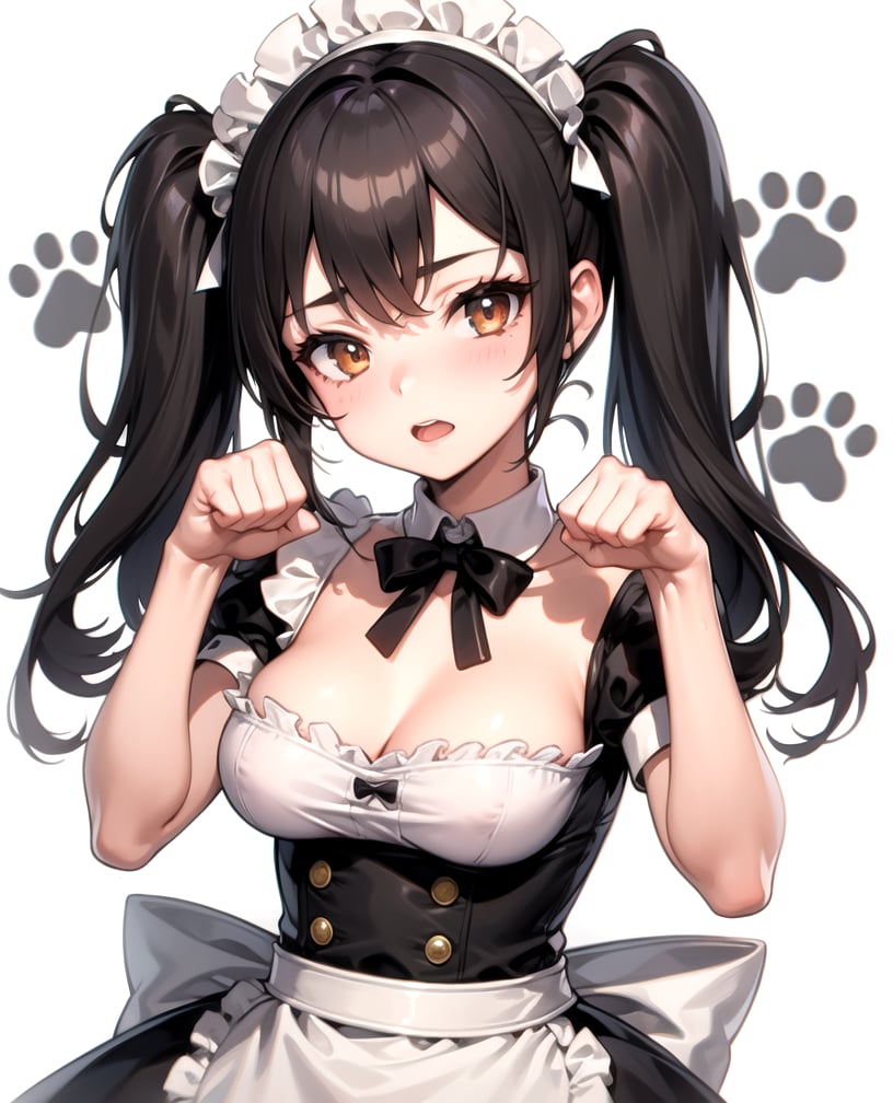 1girl, paw pose, medium breasts, maid, paw print, twintails, upper body, 