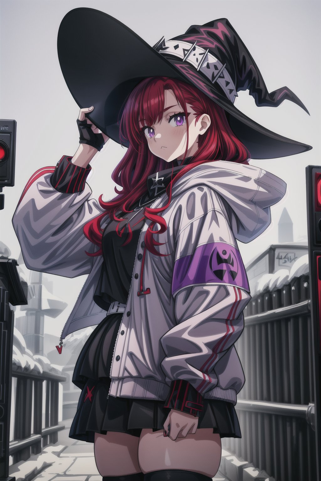 teenage woman, red hair, purple eyes, white hooded jacket, black shirt, black skirt, white witch's hat, curvy, 4k, 8k, ultra high quality, anime<lora:EMS-179-EMS:0.800000>