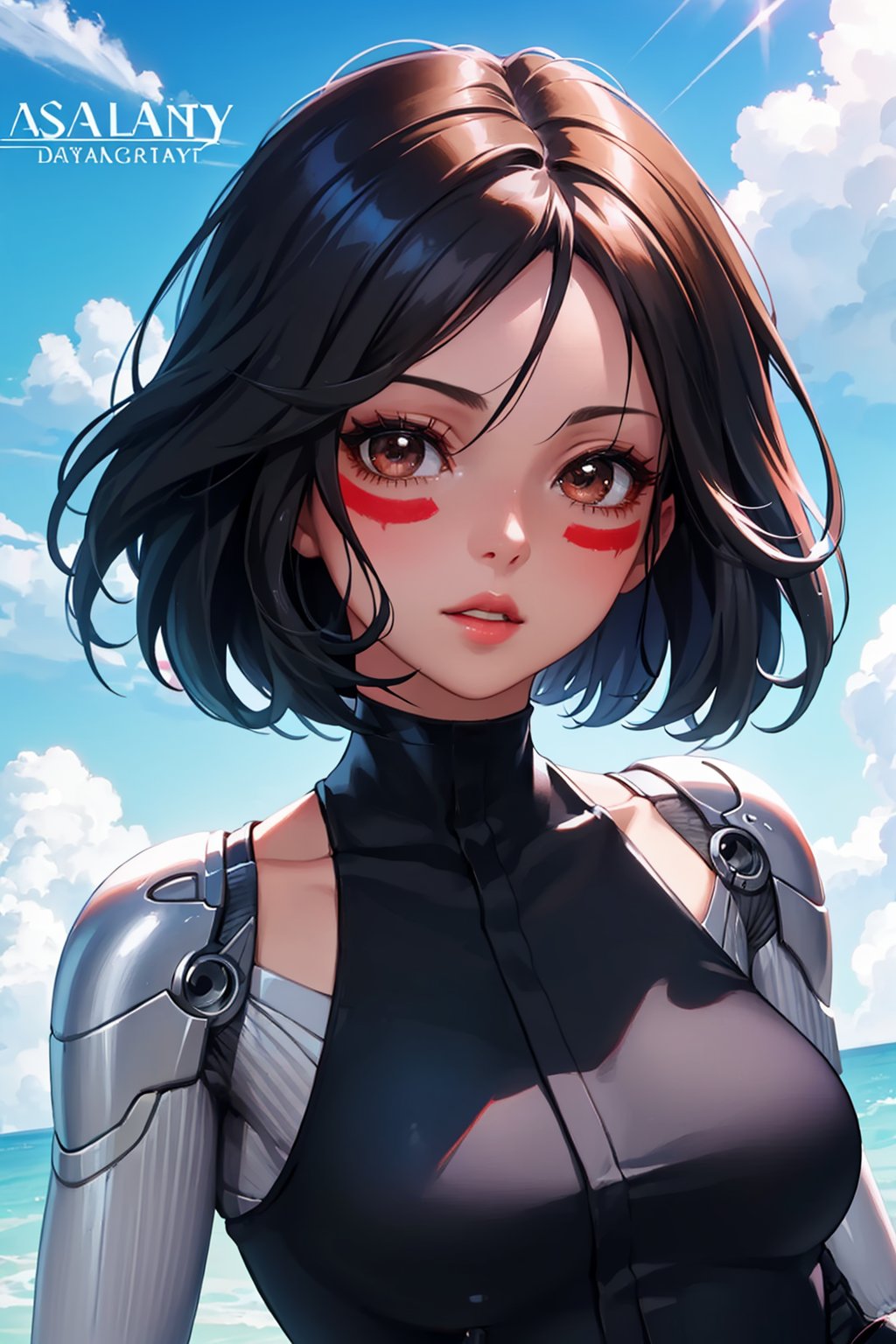 masterpiece,best quality, highly detailed, alita,1girl, solo, facepaint, lips, parted lips, looking at viewer, copyright name, cloud, bodysuit, upper body, artist name, day, cyborg, character name, blue sky,<lora:alita:1>